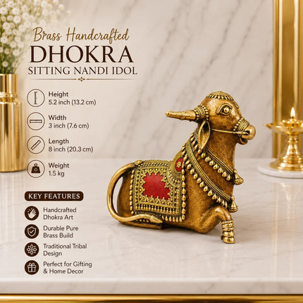 Brass Handcrafted Dhokra Sitting Nandi Idol (5.2 Inch)
