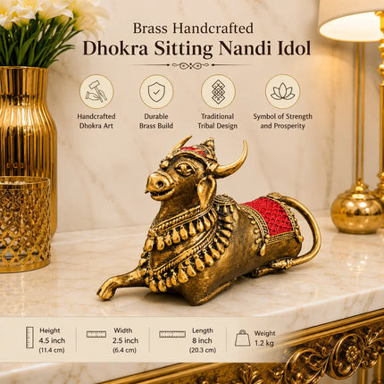 Brass Handcrafted Dhokra Sitting Nandi Idol (4.5 Inch)