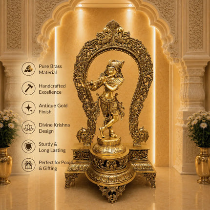 Brass Standing Krishna Idol On Throne / Singhasan (31 Inch)