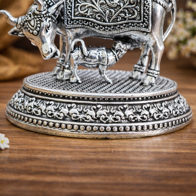 Brass Silver Kamdhenu Cow With Calf Lightweight Idol (2 Inch)