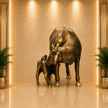 Brass Majestic Kamdhenu Cow with Calf Idol on Granite Base (33 Inch)