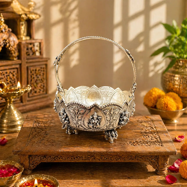 Brass Silver Plated Ashtalakshmi Basket With Handle And Elephant Leg (5 Inch)