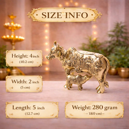Brass Lightweight Kamdhenu Cow With Calf Idol (4 Inch)