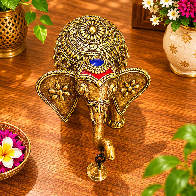 Brass Handcrafted Dhokra Elephant Statue With Bell (5.5 Inch)