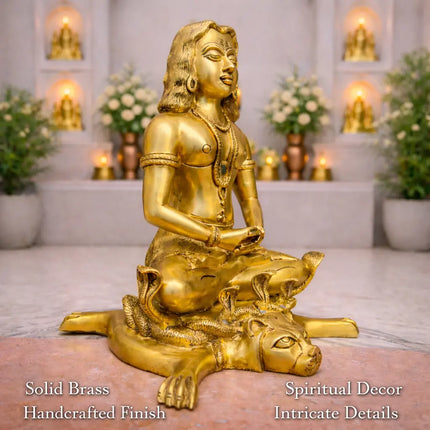Brass Saint Gorakhnath Statue Sitting On Naag And Lion (14 Inch)