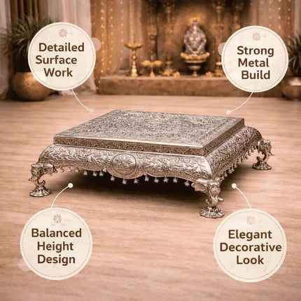 German Silver Handcrafted Chowki with Elephant Leg (7 Inch)