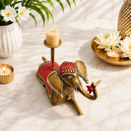 Brass Dhokra Sitting Elephant Statue With Candle Holder (5 Inch)