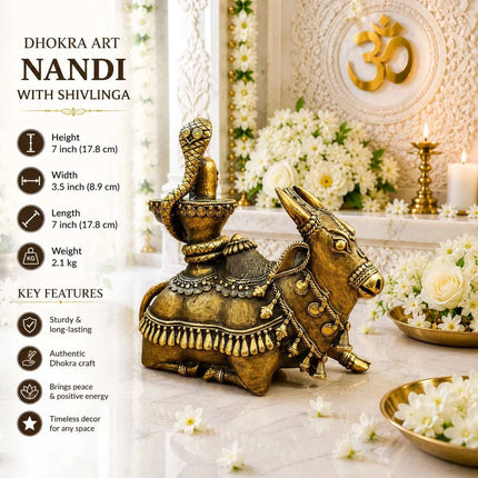 Brass Handcrafted Dhokra Sitting Nandi Idol on Shivling (7 Inch)