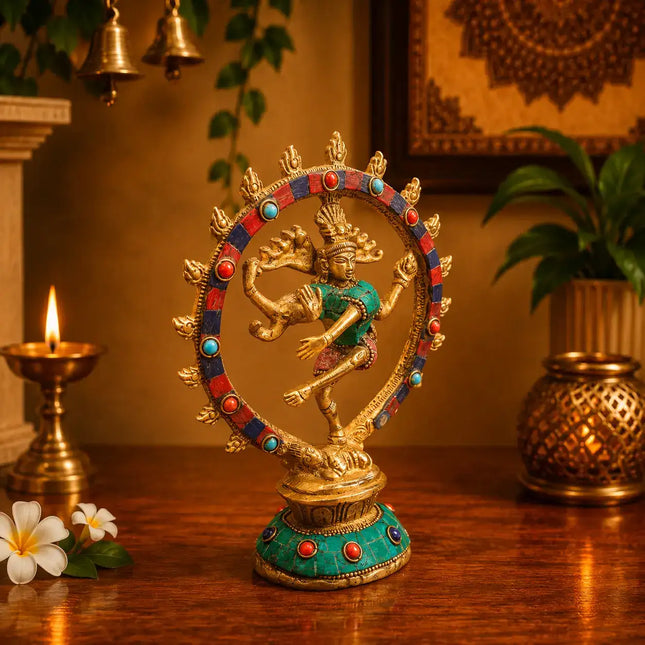 Brass Stone Work Nataraja Dancing Shiva Idol (7.5 Inch)