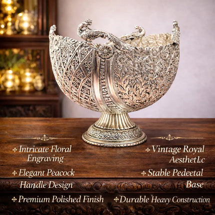 Brass Silver Plated Decorative Basket with Floral Design (10 Inch)