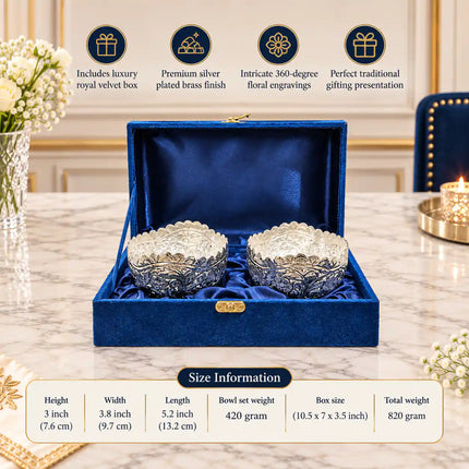 Brass Silver Plated Noka Bowl Set With Velvet Box (3 inch)
