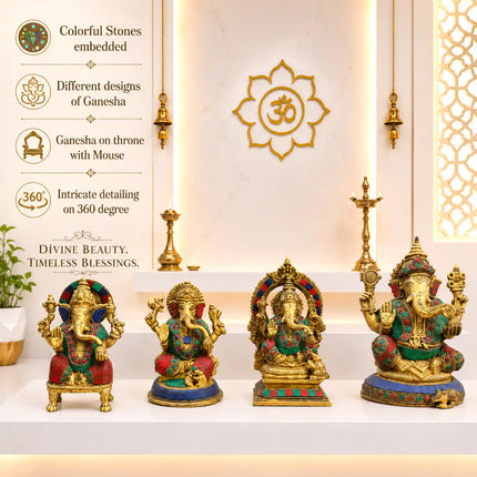 Brass Stone Work Sitting Ganesha Idol