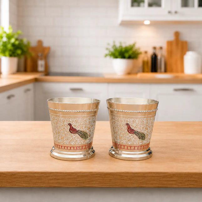Brass Peacock Hand Painted Glass Pair (2.5 Inch)