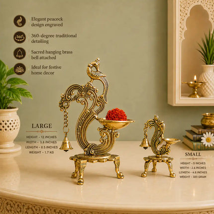Brass Ethnic Peacock Diya Lamp With Hanging bell
