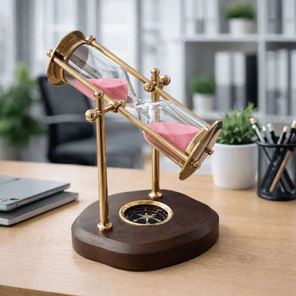 Brass Rotating Sand Clock With Compass And Wooden Stand