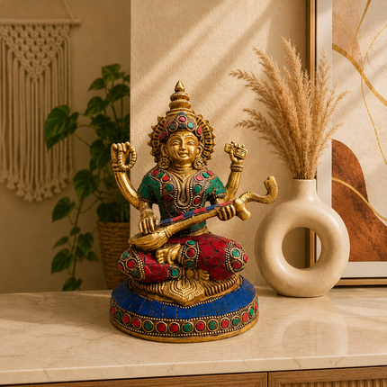 Brass Stone Work Goddess Sitting Saraswati Idol (7.5 Inch)