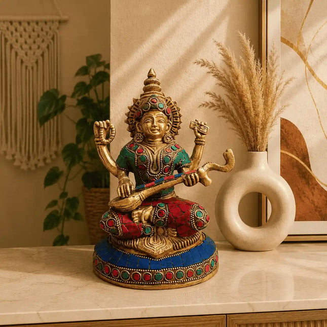 Brass Stone Work Goddess Sitting Saraswati Idol (7.5 Inch)