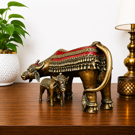 Brass Dhokra Kamdhenu Cow with Calf Statue (7 Inch)