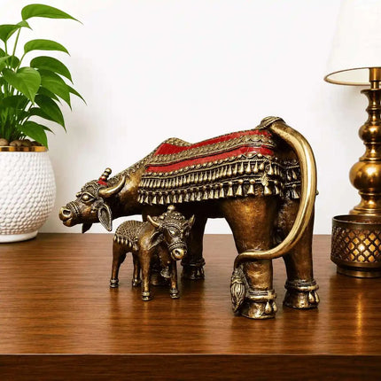 Brass Dhokra Kamdhenu Cow with Calf Statue (7 Inch)