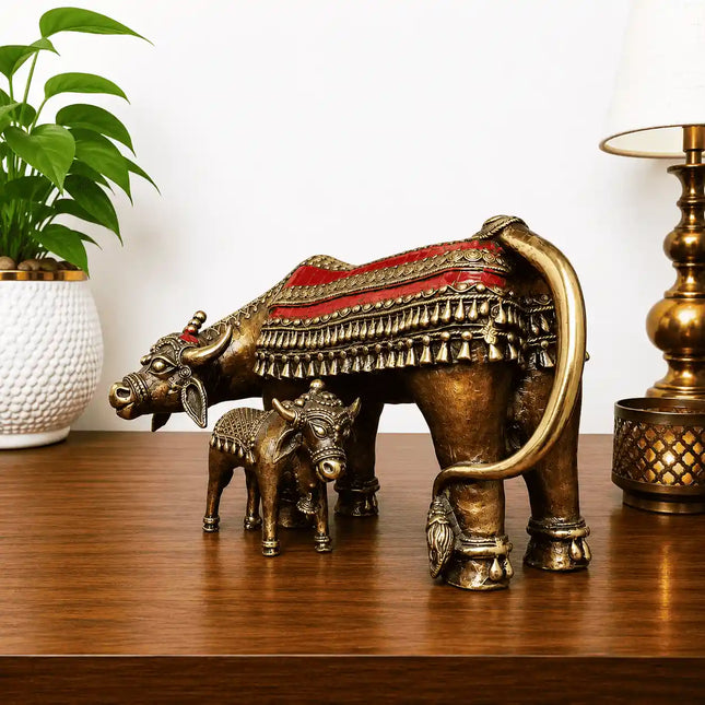 Brass Dhokra Kamdhenu Cow with Calf Statue (7 Inch)