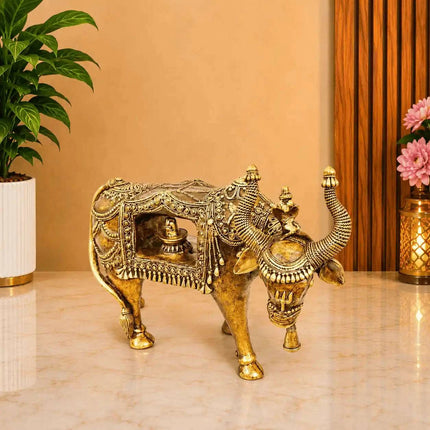 Brass Handcrafted Dhokra Nandi Idol With Inside Shivling (9.7 Inch)