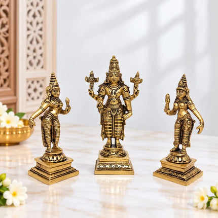 Brass Lord Balaji With Sri Devi And Bhudevi Idols Set (6.5 Inch)