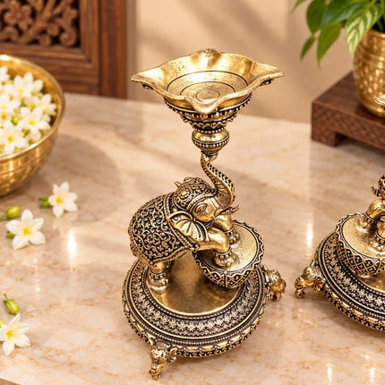 Brass Lightweight Diya Pair On Dancing Elephant (5.2 Inch)