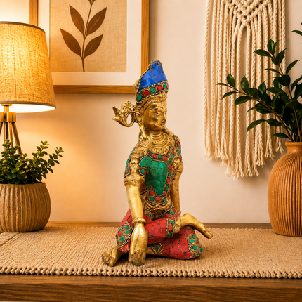 Brass Stone work Sitting Indra Dev Idol (9.5 Inch)