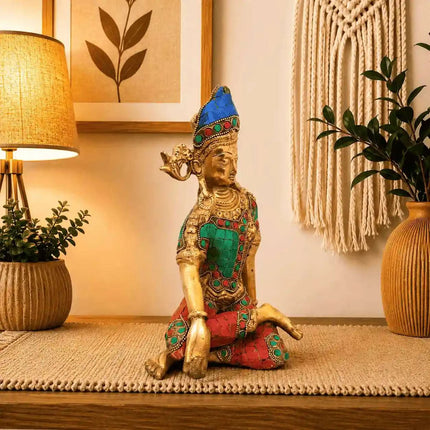 Brass Stone work Sitting Indra Dev Idol (9.5 Inch)