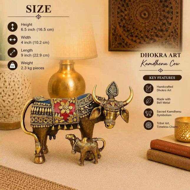 Brass Dhokra Kamdhenu Cow with Calf Statue (6.5 Inch)