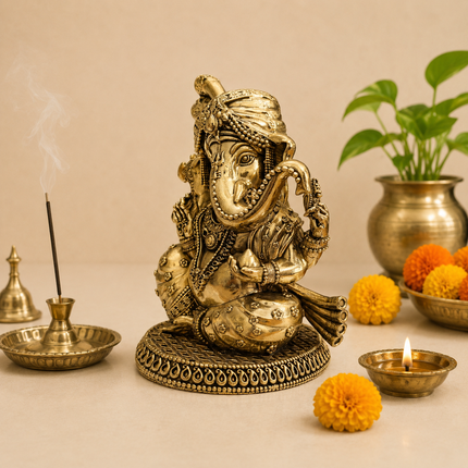 Brass Lightweight Sitting Pagdi Ganesha Idol (5 Inch)