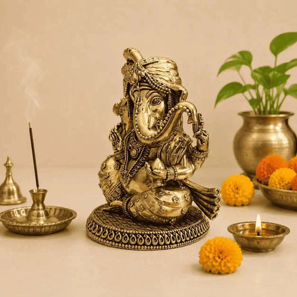 Brass Lightweight Sitting Pagdi Ganesha Idol (5 Inch)