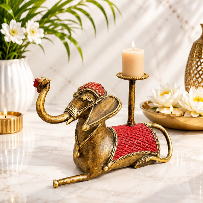 Brass Dhokra Sitting Elephant Statue With Candle Holder (5 Inch)