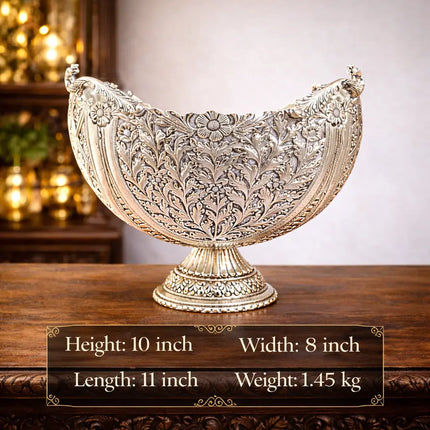 Brass Silver Plated Decorative Basket with Floral Design (10 Inch)