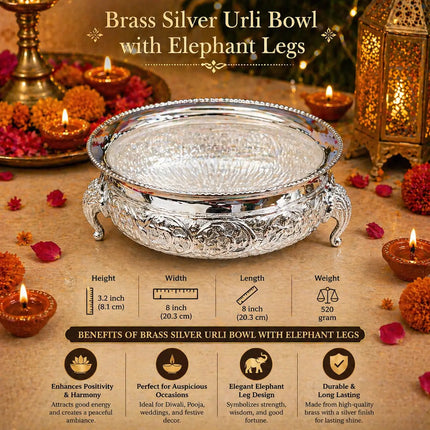 Brass Silver Urli Bowl with Elephant Legs (3.2 Inch)