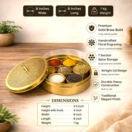Brass Etched Floral Masala Daani / Spice Box (2.5 Inch)