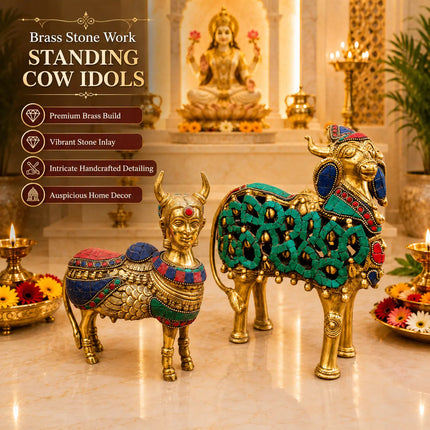 Brass Stone Work Standing Cow Idol