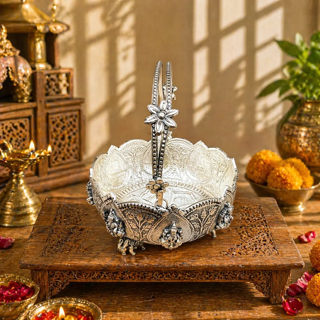 Brass Silver Plated Ashtalakshmi Basket With Handle And Elephant Leg (5 Inch)