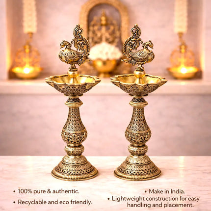 Brass Lightweight Peacock Samai/Lamp Pair (8 Inch)
