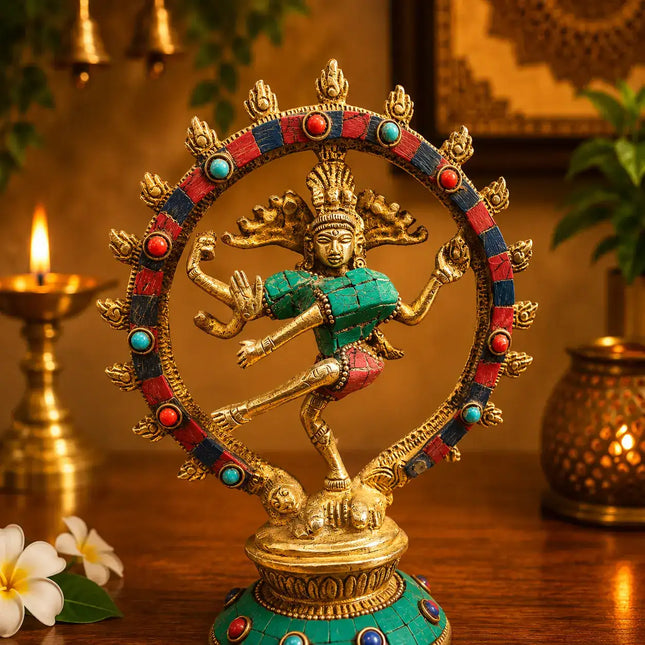 Brass Stone Work Nataraja Dancing Shiva Idol (7.5 Inch)