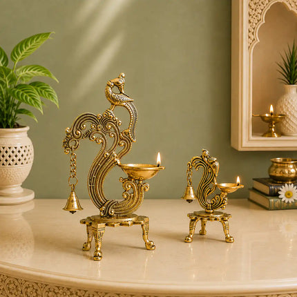 Brass Ethnic Peacock Diya Lamp With Hanging bell