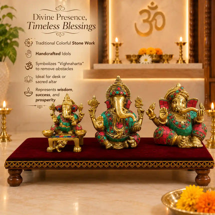 Brass Stone Work Sitting Ganesha Idol