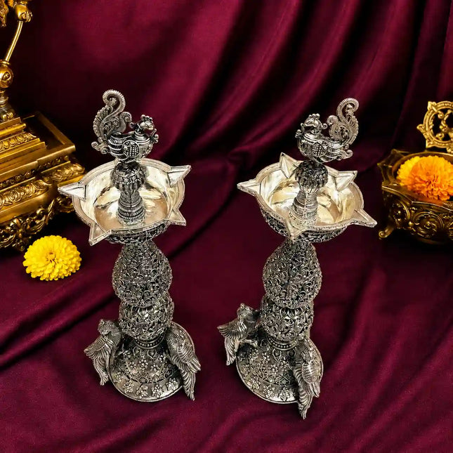 Brass Silver Plated Lightweight Peacock Samai/Lamp Pair
