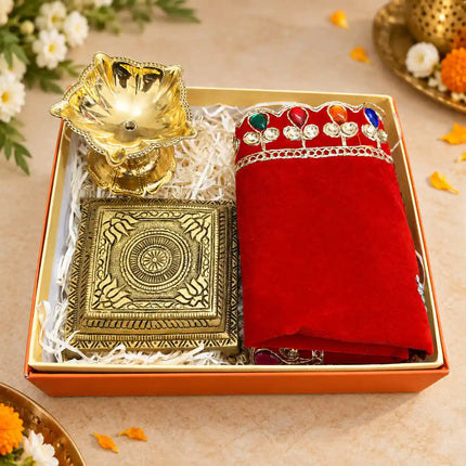 Brass Diwali Gift Hamper with Diya, Chowki and Pooja Asana