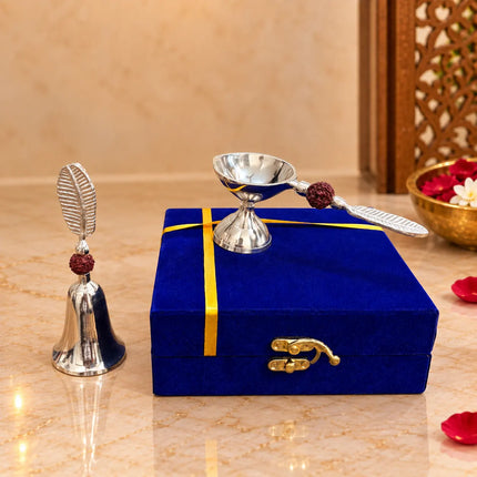 Brass Silver Plated Rudraksh Handbell and Aarti Diya Set With Velvet box