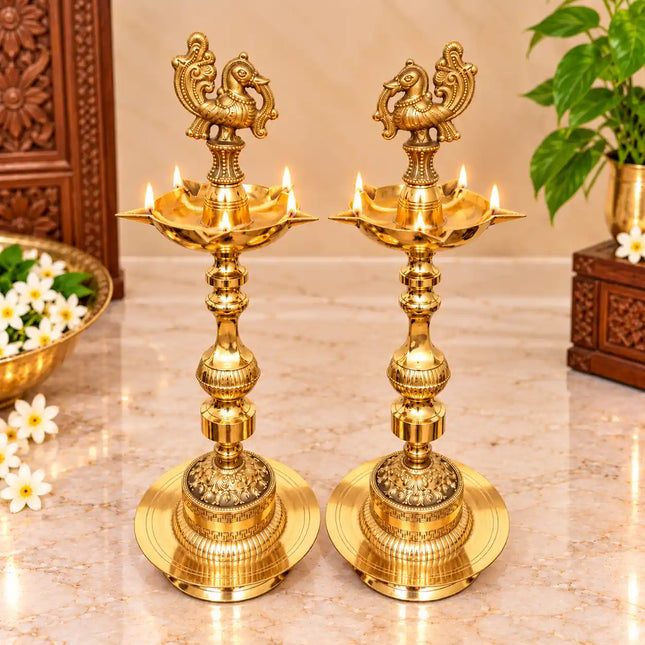 Brass Peacock Samai Lamp Pair (17.5 Inch)