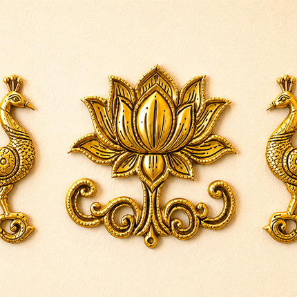 Brass Peacock And Lotus Wall Hanging 3 Piece Set (7.5 inch)