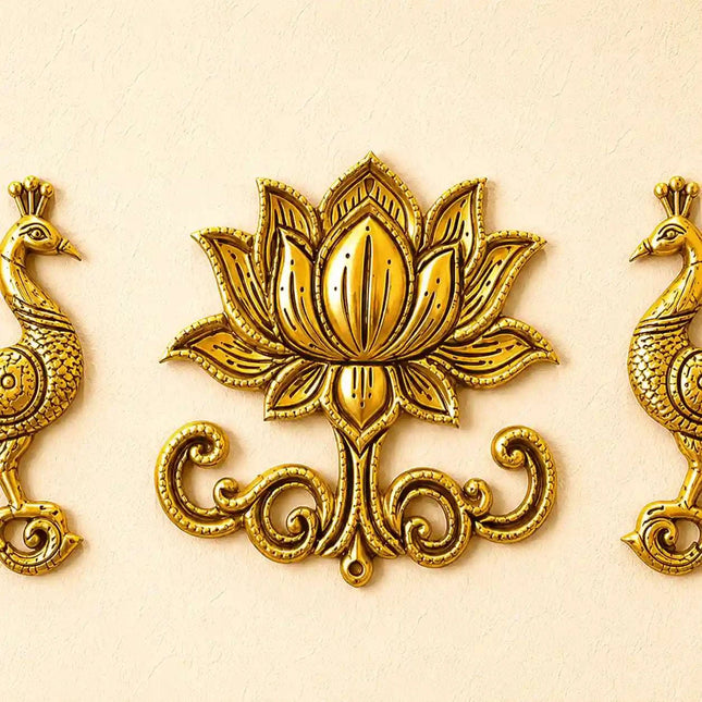 Brass Peacock And Lotus Wall Hanging 3 Piece Set (7.5 inch)