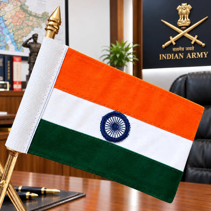 Brass National With Indian Army, Navy & Air Force Flags With Stand (12 Inch)
