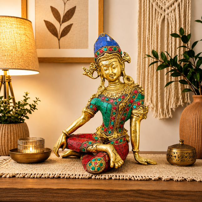 Brass Stone work Sitting Indra Dev Idol (9.5 Inch)